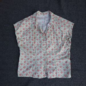 VTG Handmade Floral button up Cap Sleeve Boxy Shirt Mint Green Pink Cottagecore